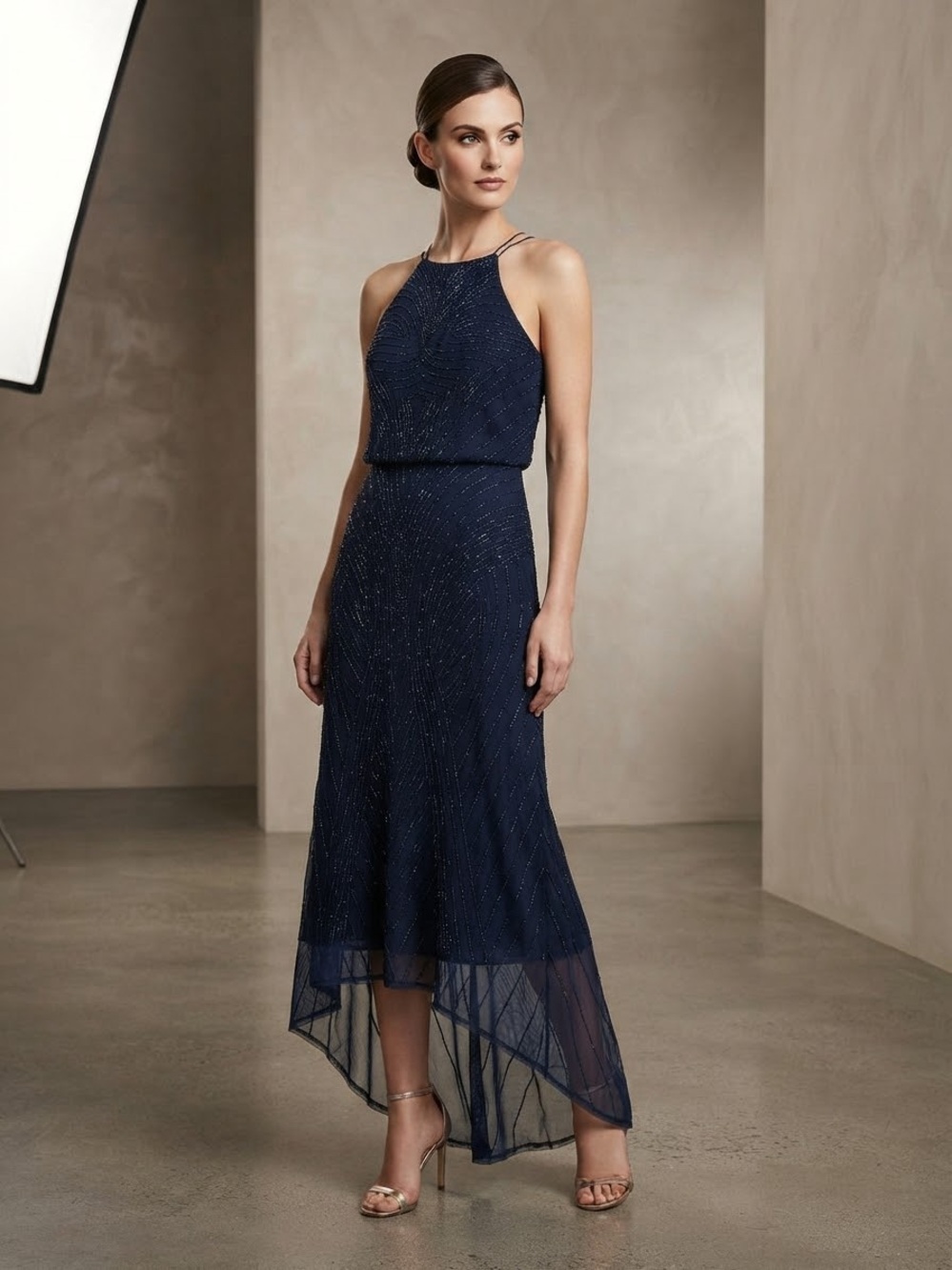 Adrianna Papell Navy Beaded Halter Dress 10